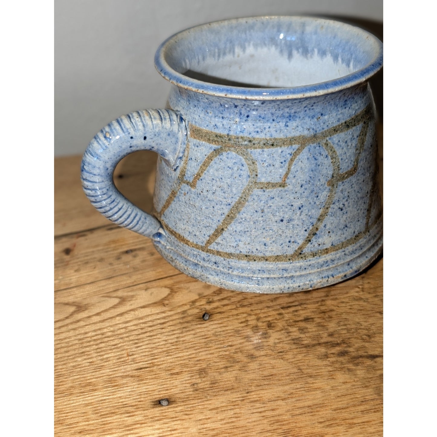 Light Blue & Tan Geometric Design Signed Studio Pottery Mug