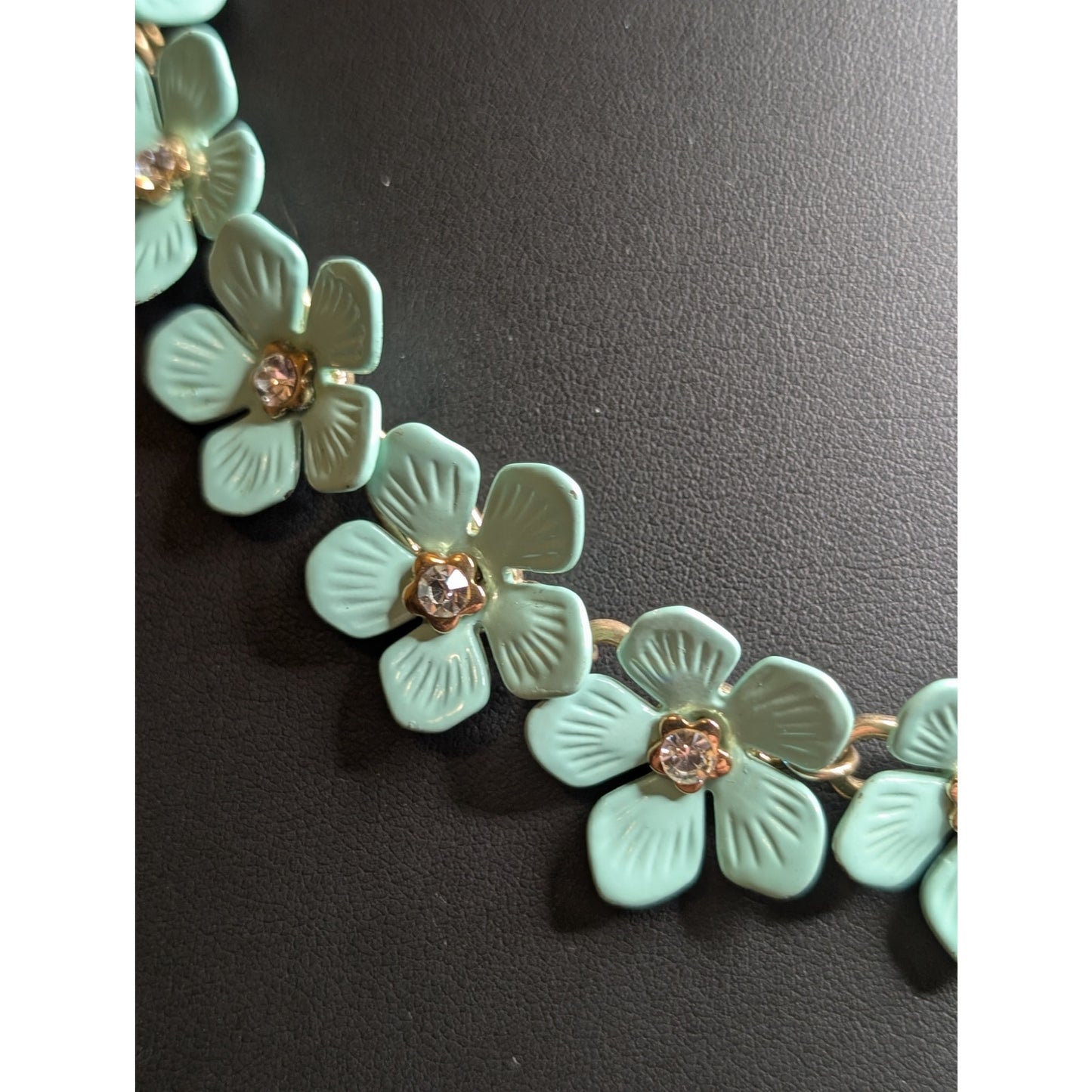 Aqua Enamel Rhinestone Center Flowers Paper Clip Chain Statement Necklace