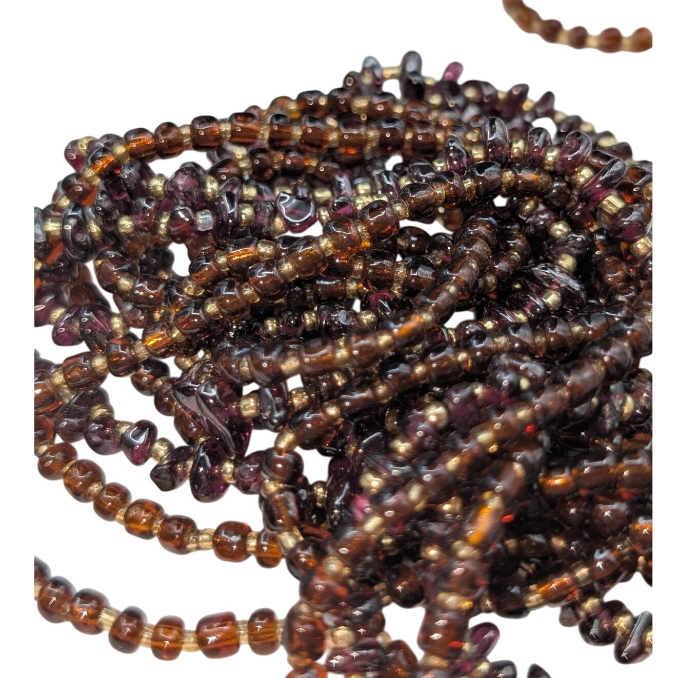 Vintage Five Strand Brown Glass Bead Garnet Chip & Gold Bead 24" Necklace