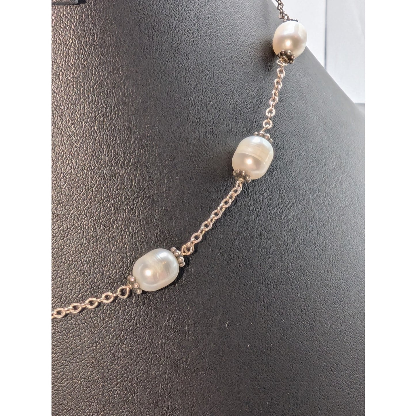 Vintage Genuine Freshwater Pearl Sterling Silver Chain Station 16" Necklace
