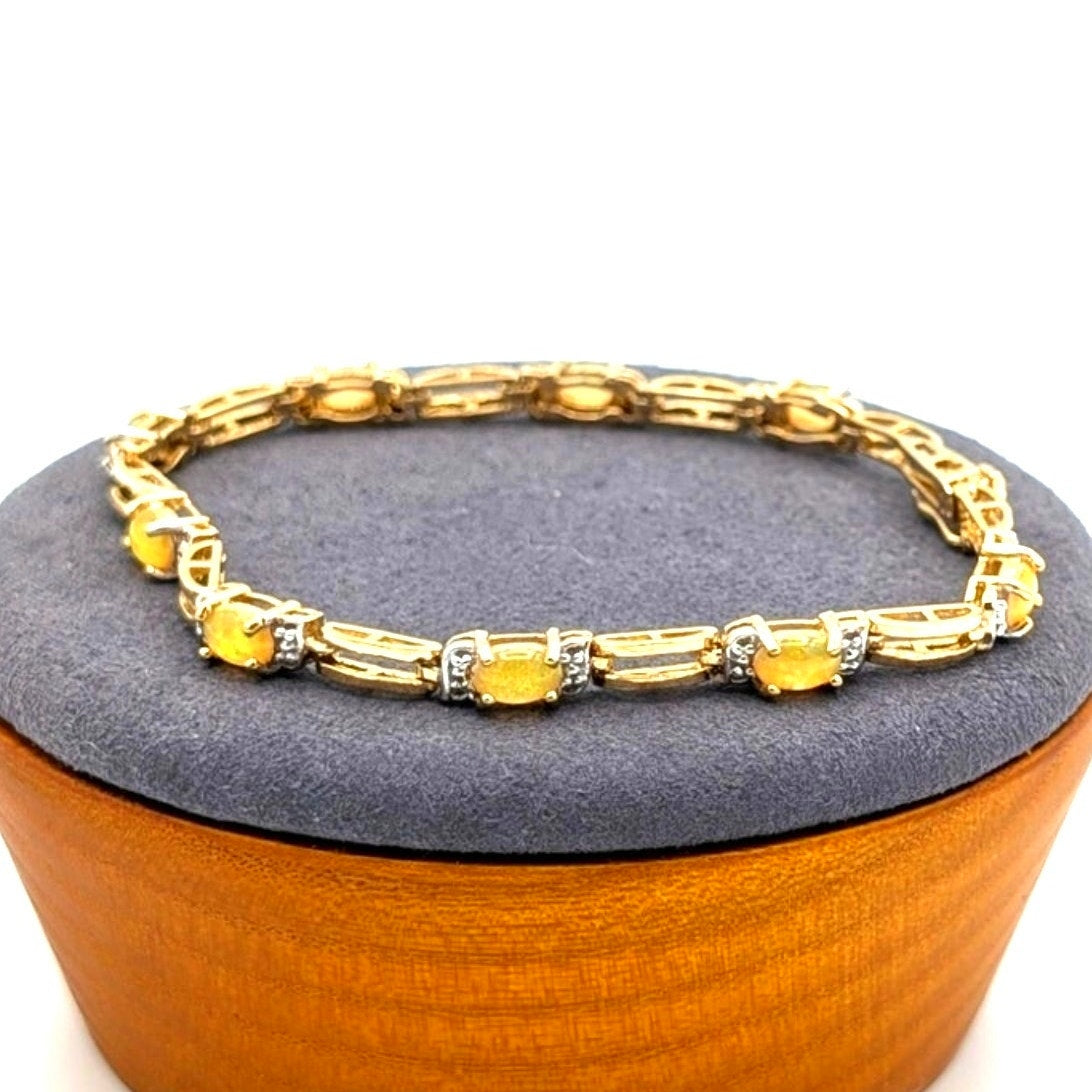 Vintage 925 Sterling Silver Vermeil Cat Eye Fire Opal Tennis Bracelet