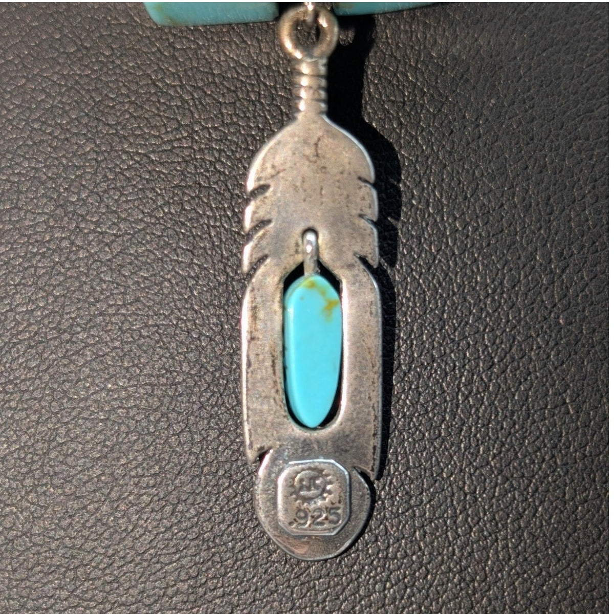 SJC Sundancer 925 Sterling Turquoise Bear Fetish Dangling Feather 16" Necklace