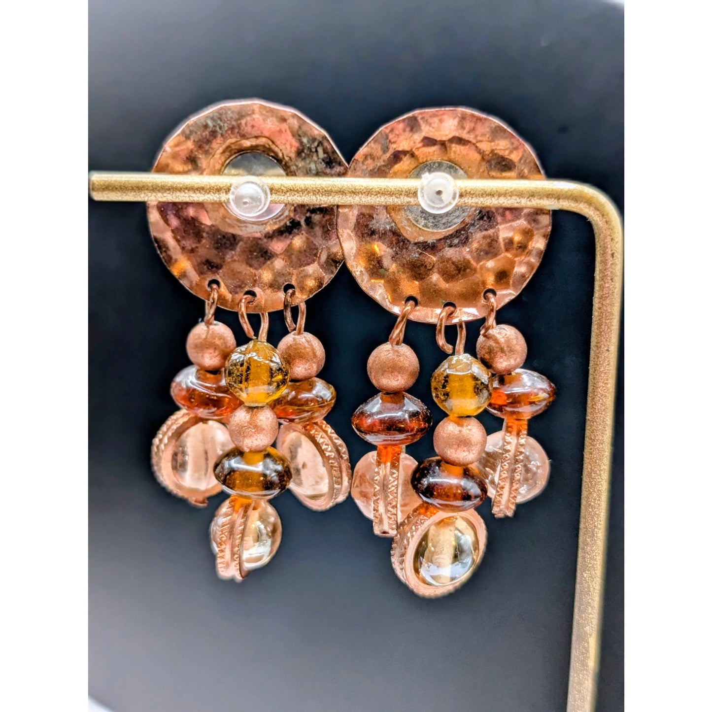 Hammered Copper Glass Bead Dangle Earrings