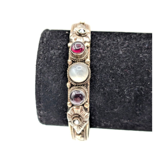 Vintage 70s Silver Metal Semi-Precious Stones India Cuff Bracelet