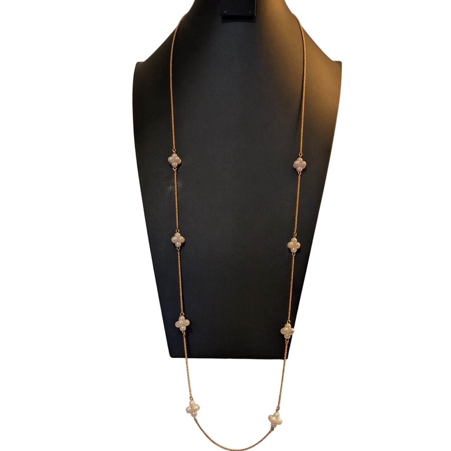 Vintage Napier Long Gold Tone Rope Chain Cluster Faux Pearl Necklace