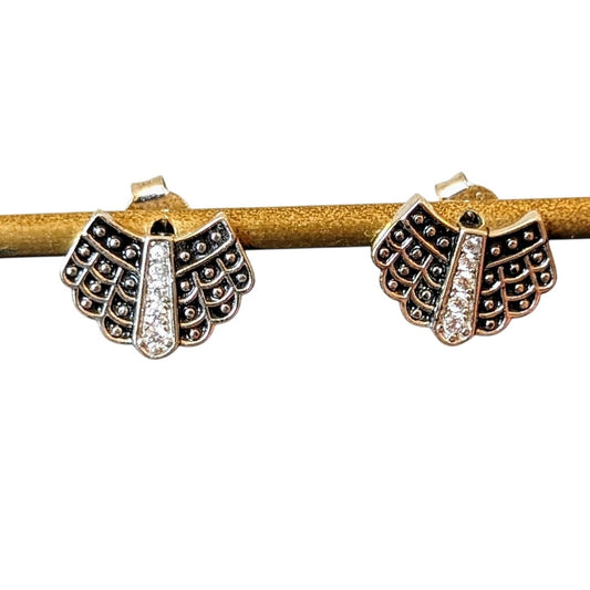 Marked 925 Sterling Silver CZ Black Enamel Fan Post Earrings