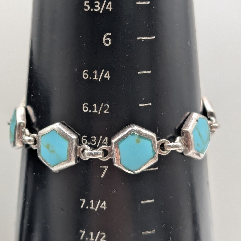 Vintage 925 Sterling Silver Hand Set Turquoise Inlay Station Chain Bracelet