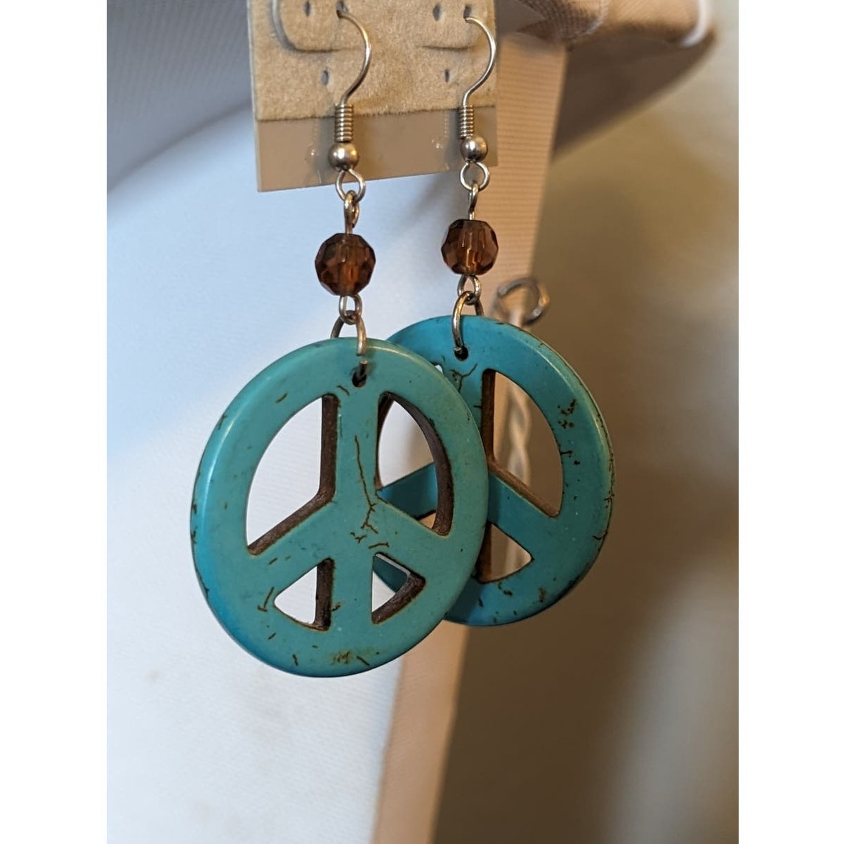 Dyed Magnesite Crystal Bead Peace Sign Wire Earrings