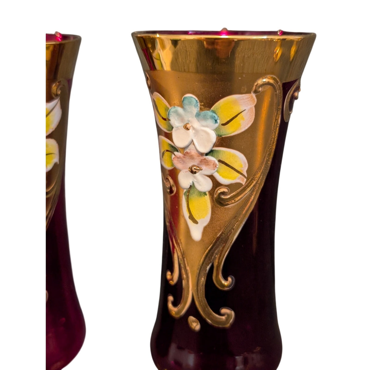 Vtg 50s 2 Red Stem Sherry Glasses Tre Fuochi Murano Italy Venetian Heavy Gilt