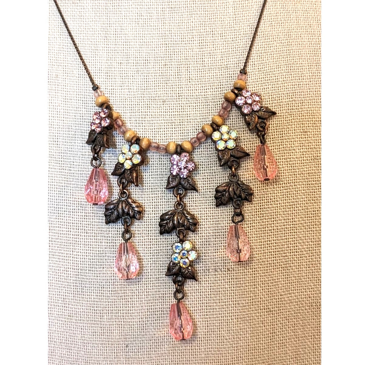 Antiqued Bronze Pink & AB Crystal Teardrop Dangle Necklace