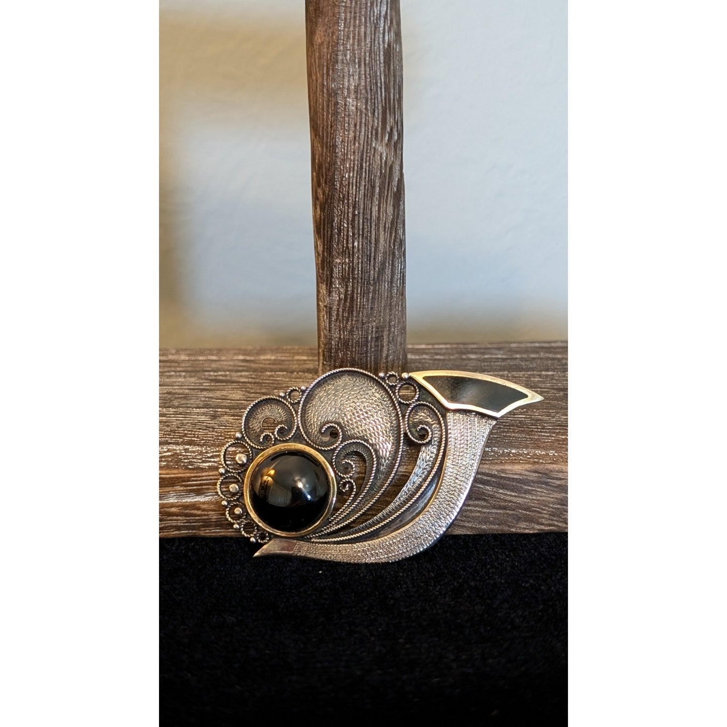 Antique Sterling Black Cabochon & Inlay Two Tone Push-Pull Trombone Back Brooch