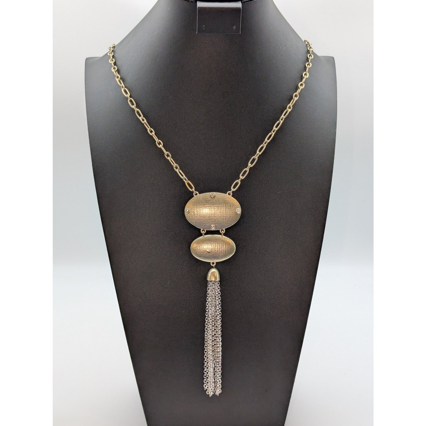 Chico's Light Gold Tone Rhinestone Tassel Chain Necklace