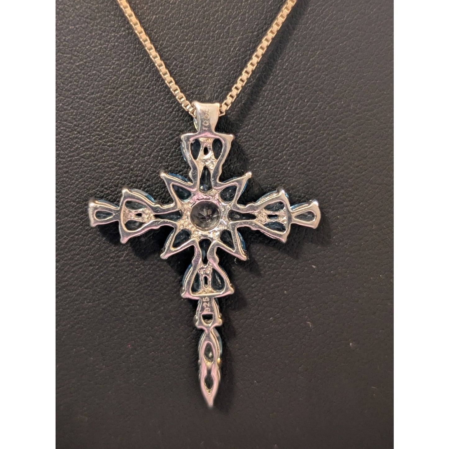 Swiss Blue Teardrop White Topaz Round Center Stone 925 Sterling Cross Necklace