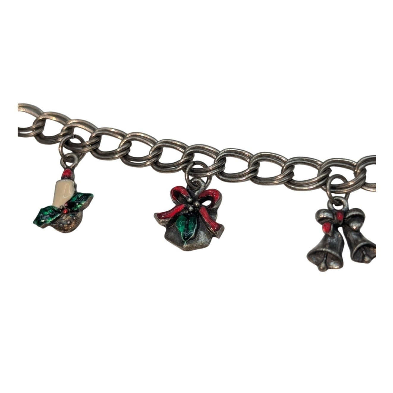 Vintage Silver Tone Double Curb Chain Link Christmas Charm 7"-8" Bracelet