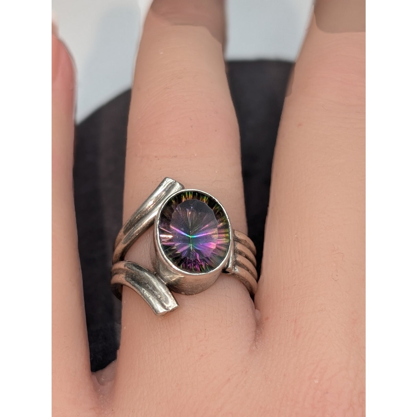 925 Sterling Silver Sunburst Cut Mystic Topaz Chunky Modern Design Ring Sz 5.25