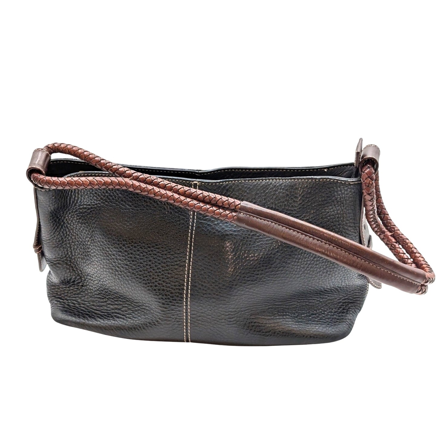 Vintage Fossil Black Brown Pebbled Leather Braided Handle Shoulder Bag