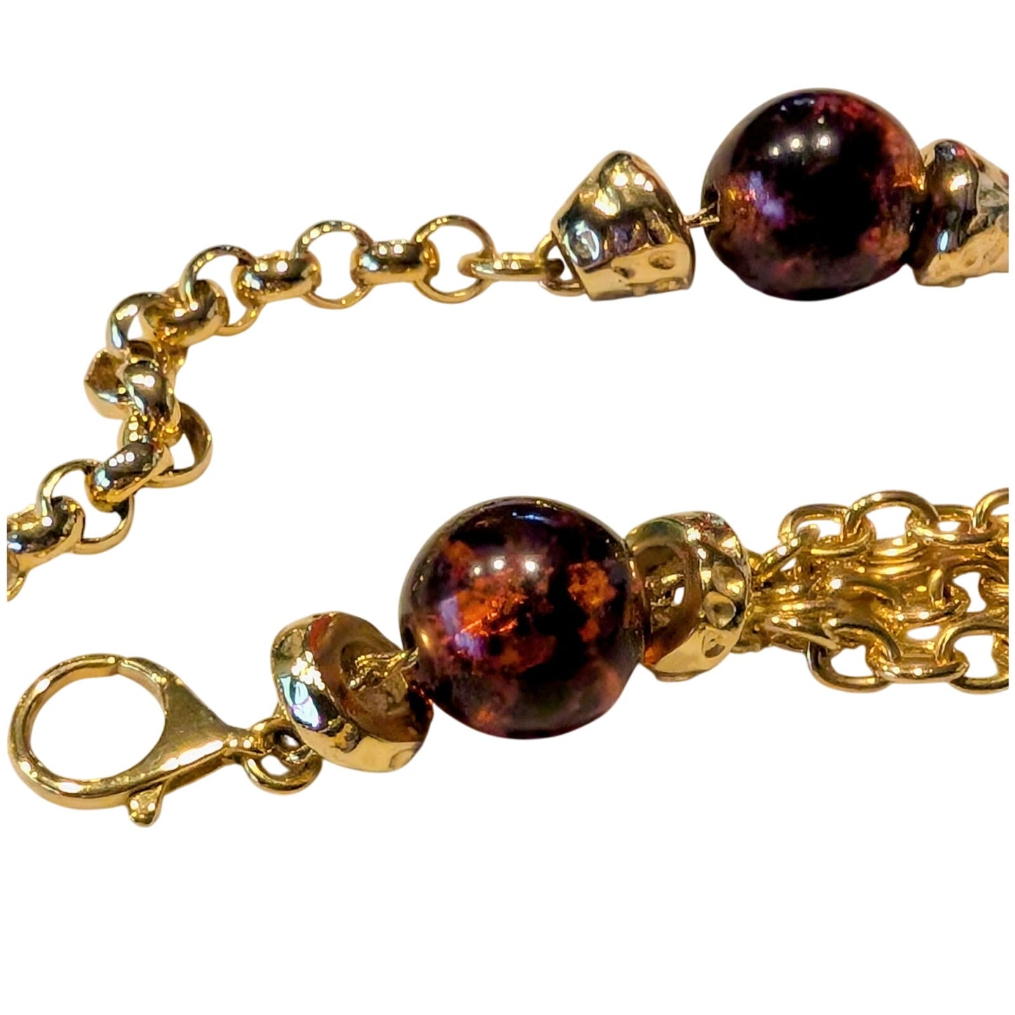 Multi-Strand Goldtone Chain Link Rootbeer Acrylic Ball Bead Chain Belt 30"-35.5"