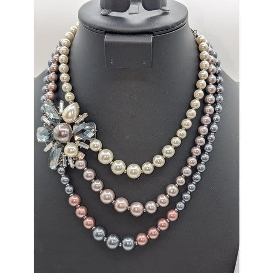 Vintage Three Strand Multi-Color Faux Pearl Rhinestone 17.5" Necklace
