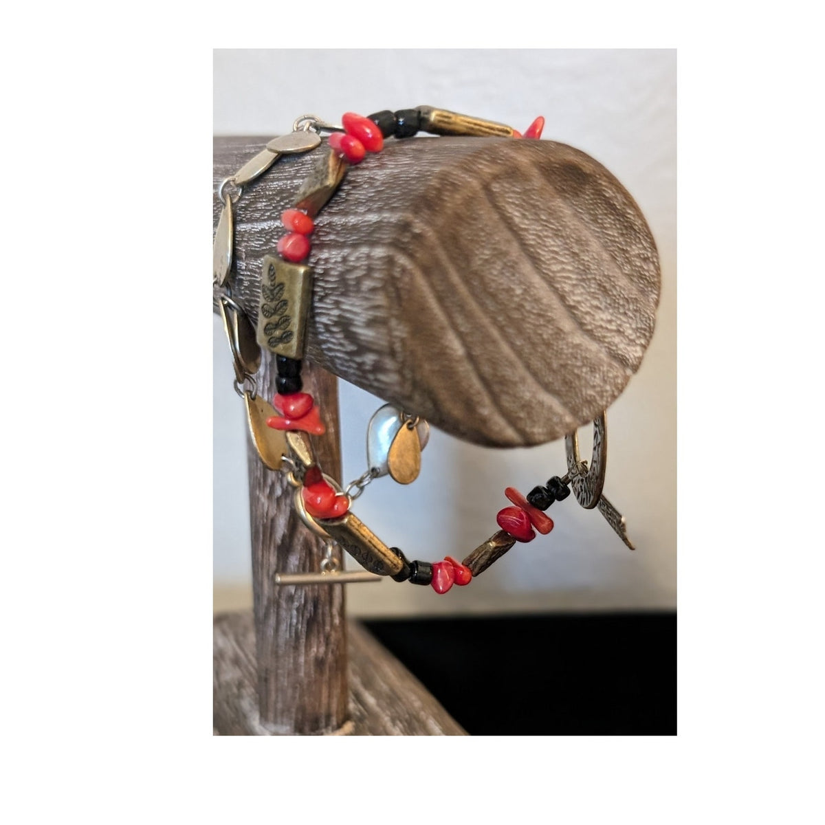 Lot of Two Bronze Tone Red Black Stone Toggle Clasp Bracelets