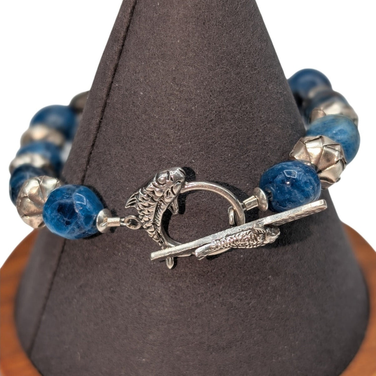 SS 925 Laura Stamped 7.5" Artisan Fish Bracelet w/Blue Accents & Toggle Clasp