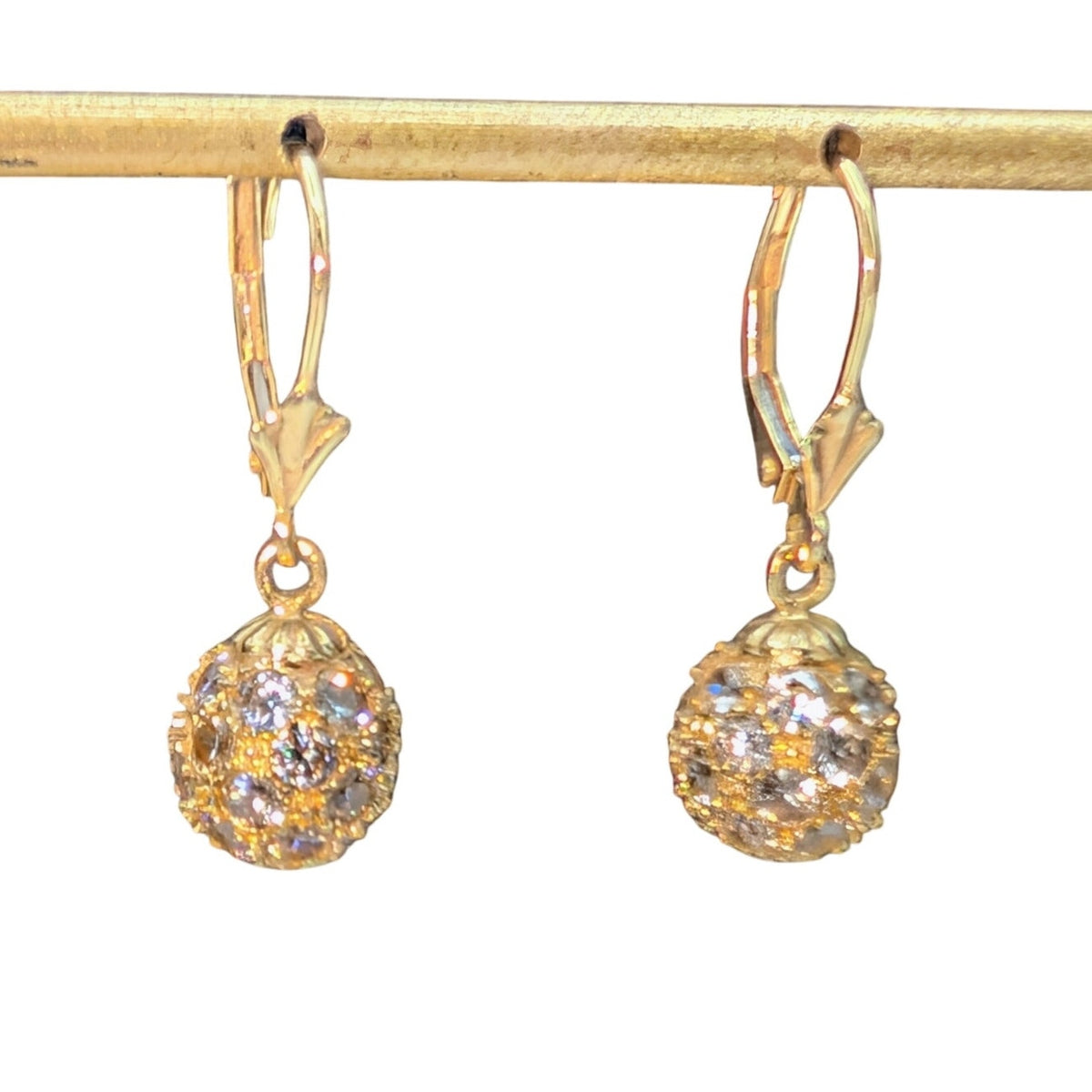 Vintage 14K Cubic Zirconia Fire Ball Dangle Lever Back Earrings