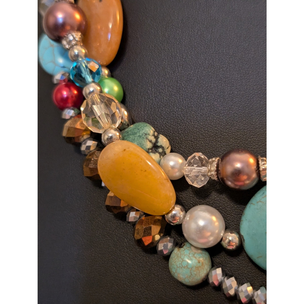 Southwest Layer Triple Strand Stone Crystal Bead Jeweled 20"-22.5" Necklace