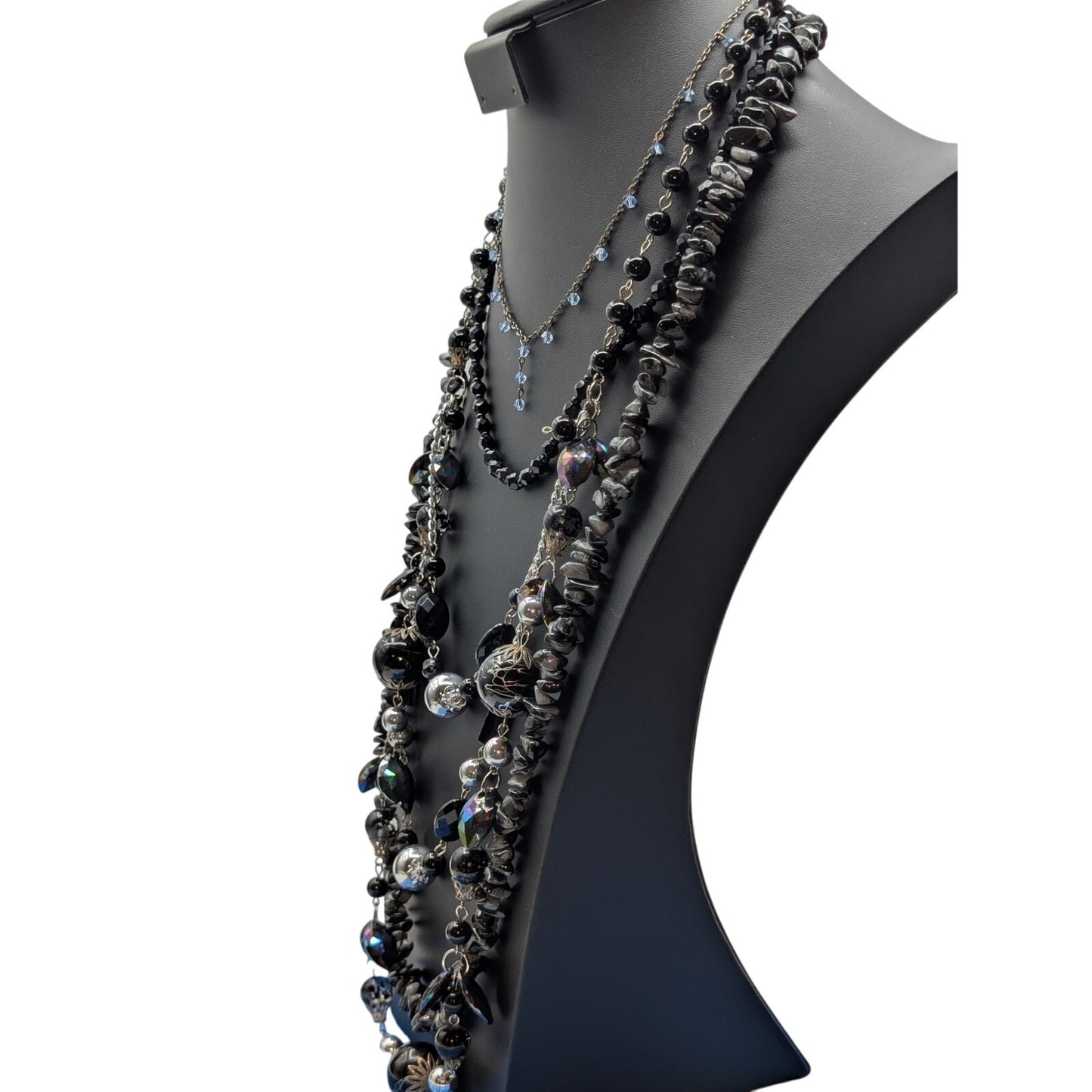 Lot of 4 Black Gray Silver Tone Stone Glass Crystal & Acrylic Beaded Necklaces