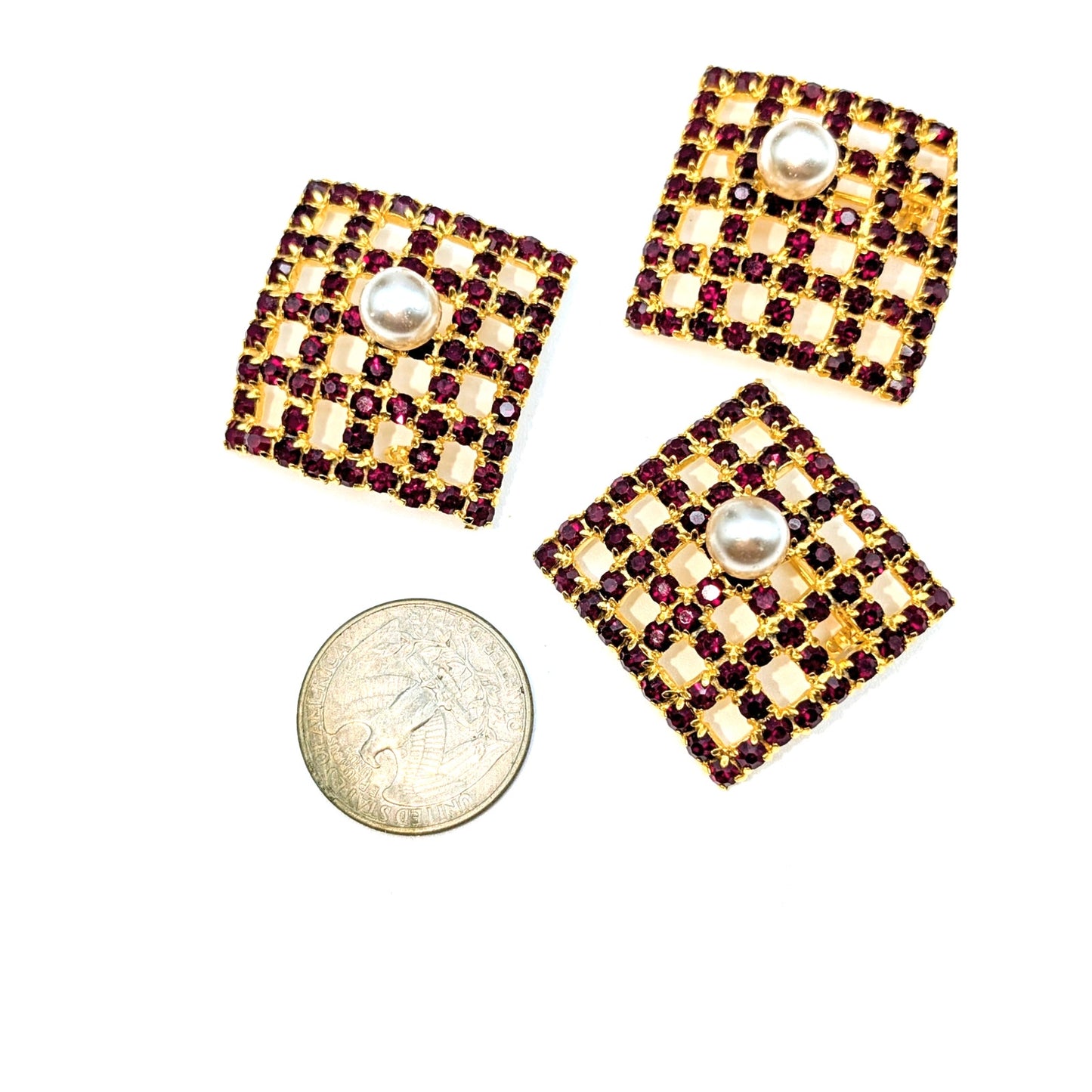 Lot of Three Vtg Gold Tone Red Crystal Lattice Square Floating Pearl Brooches