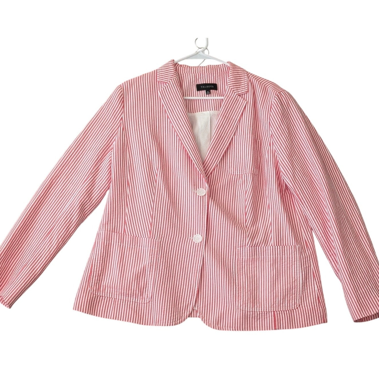 Talbots Vtg 90s Red/Pink Stripe Two Button Cotton Seersucker Blazer Womens Sz 16