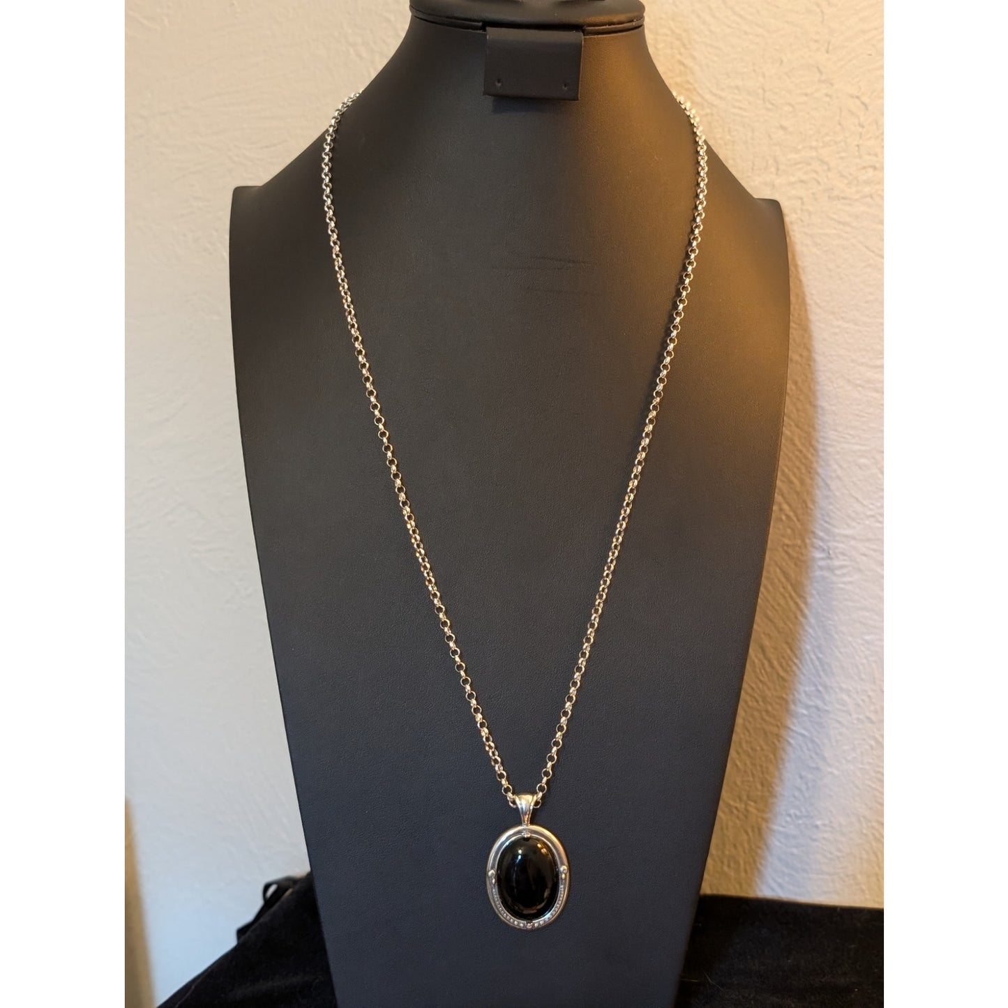 Large Black Stone 925 Sterling Silver Pendant 30" 925 Rolo Chain Necklace