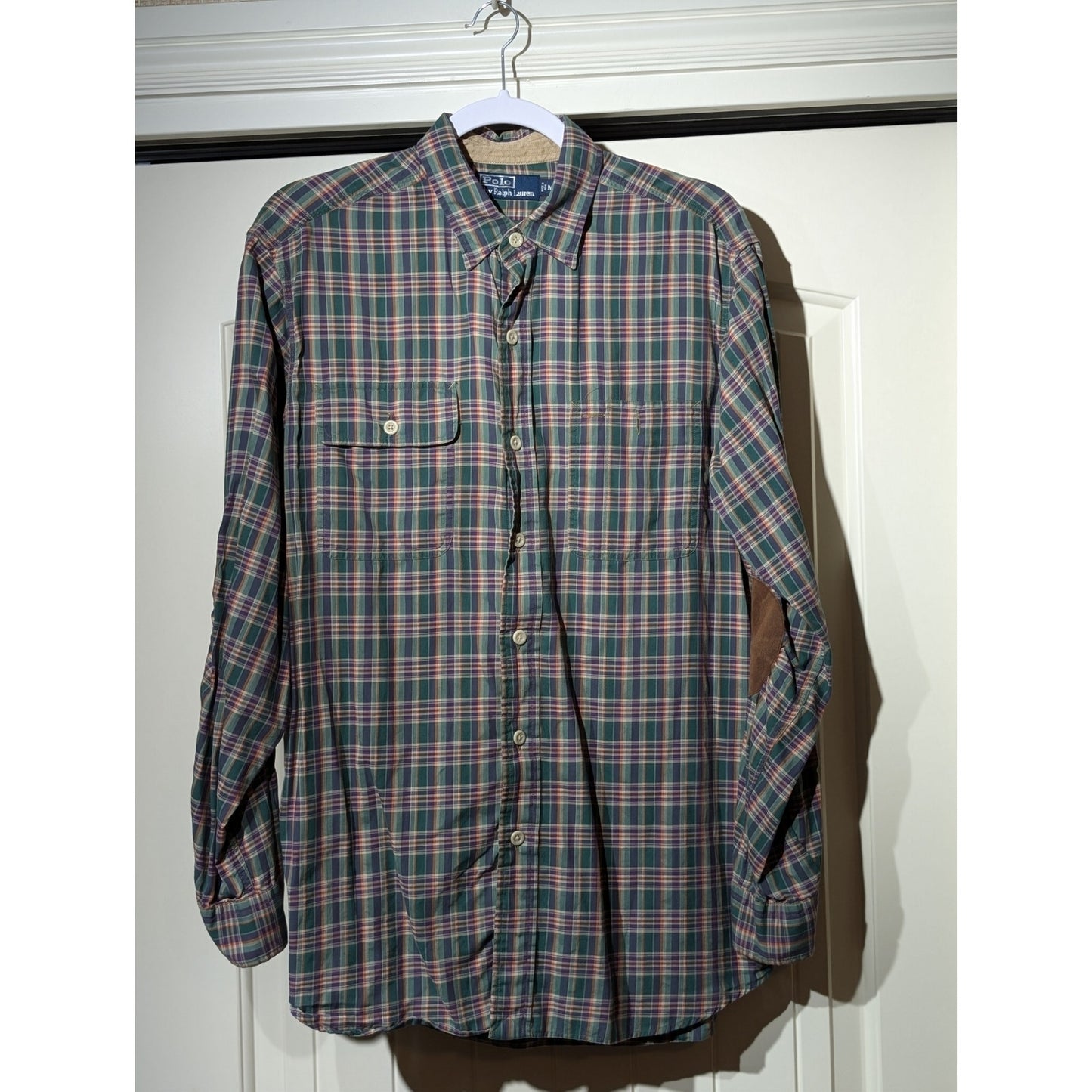 VTG Polo by Ralph Lauren Oversized Green Purple Plaid Elbow Patch Button Up Sz M