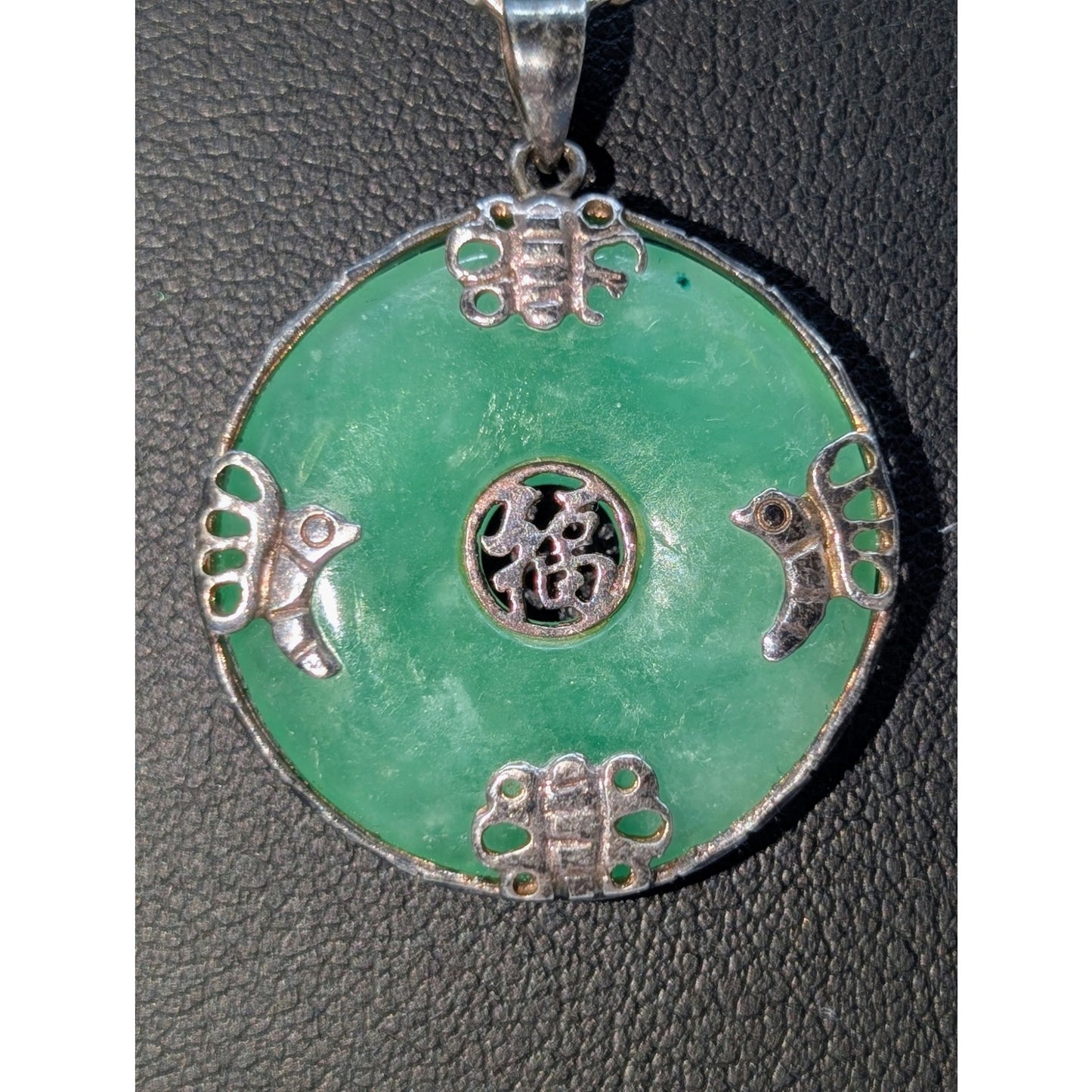 VTG Chinese 925 Silver & Authentic Jade Vintage 1" Pendant 19.75" Chain Necklace