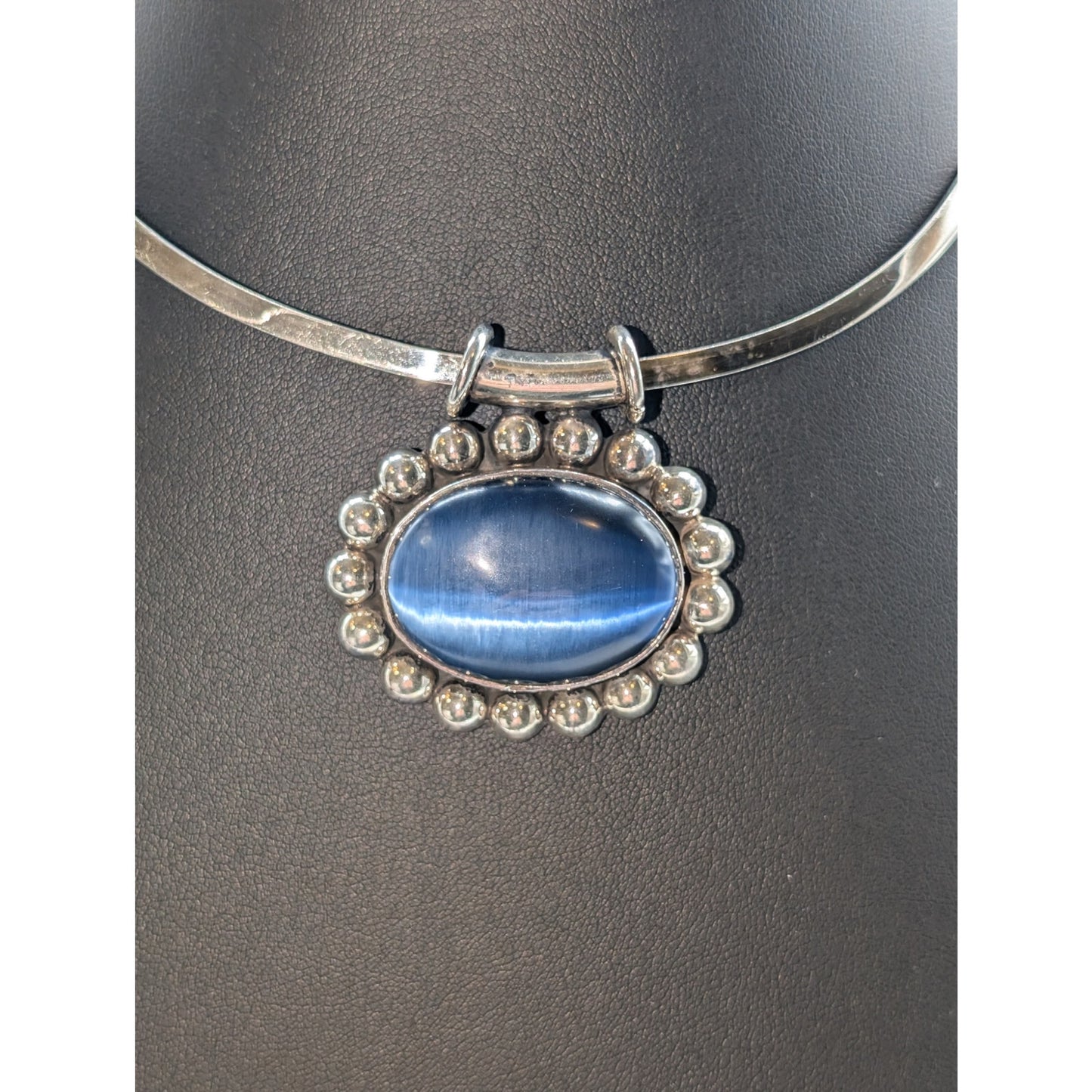 Vintage Taxco Large Blue Cat's Eye 950 Silver Pendant on Sterling Taxco Torque