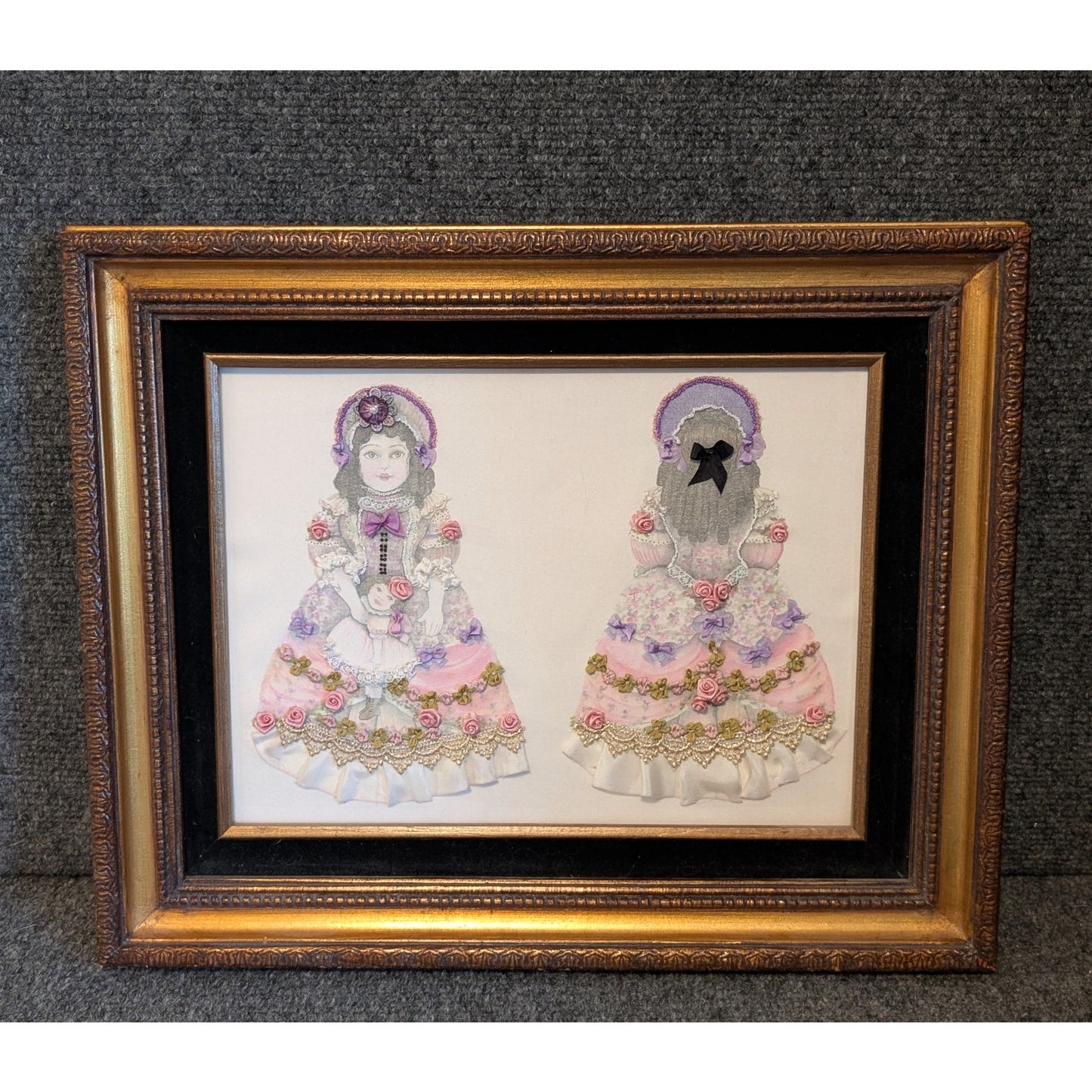 Vintage Ribbon & Lace Print Lady in Vintage Wood Frame