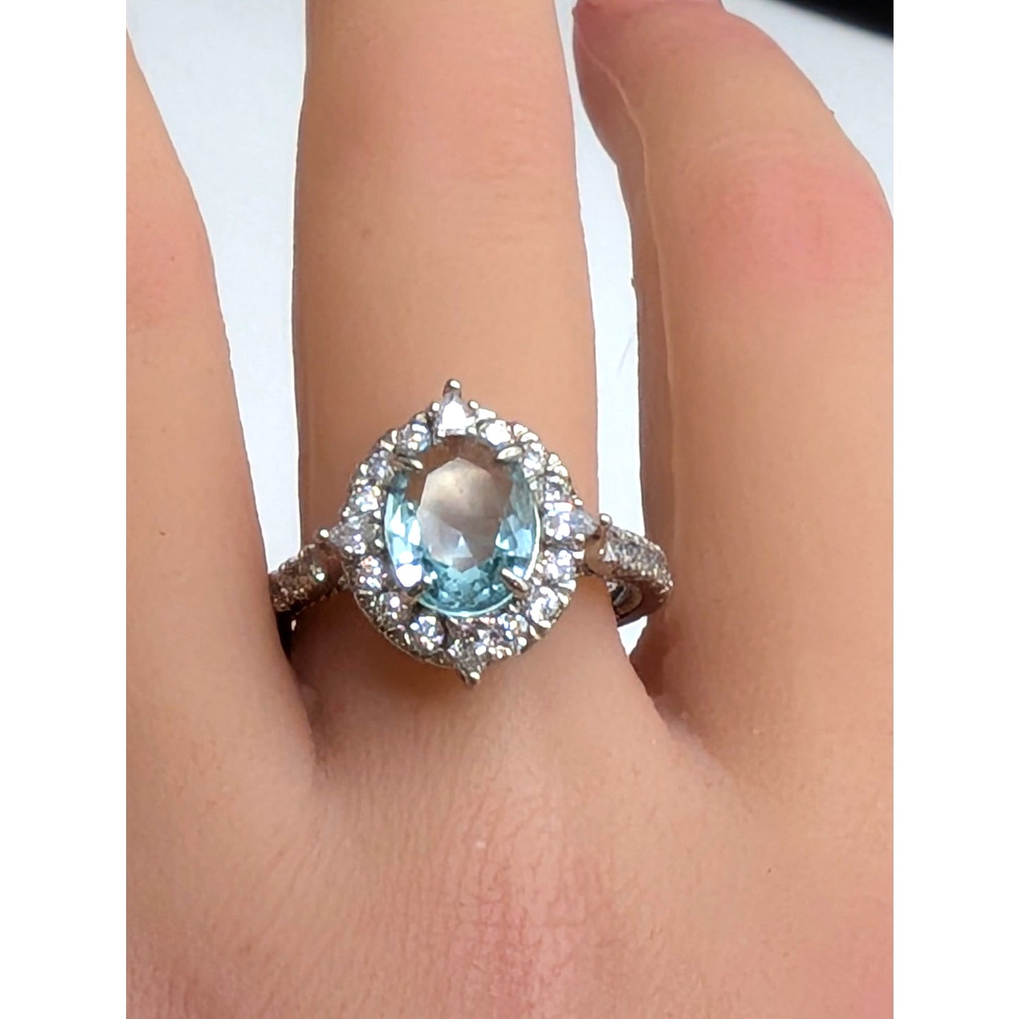Home Party Light Blue Center Stone & Clear Halo CZ Silver Tone Ring Sz 9