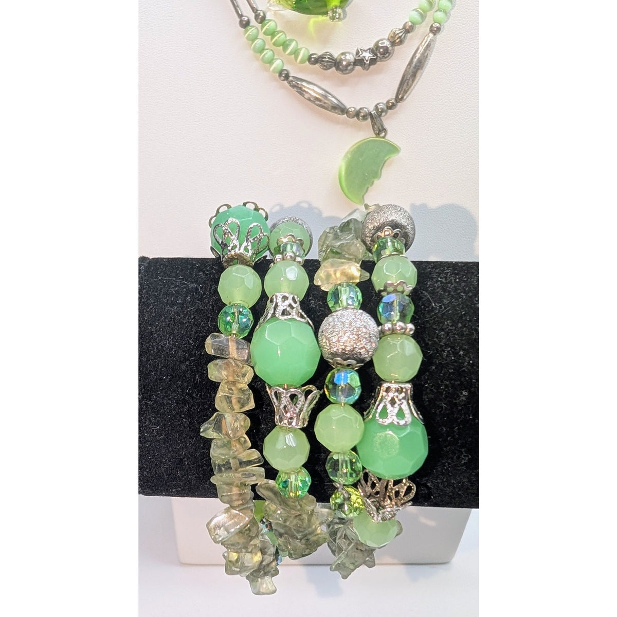 Lot of 3 Green Silver Tone Theme Boho Necklaces and a Beaded Wire Wrap Bracelet