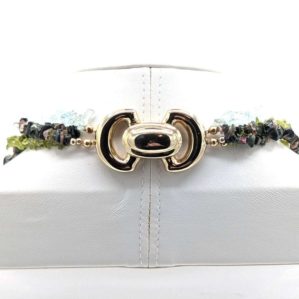 Torsade Strands Topaz Chip & Carved Peridot & Multi Gem Gold Tone Clasp Necklace