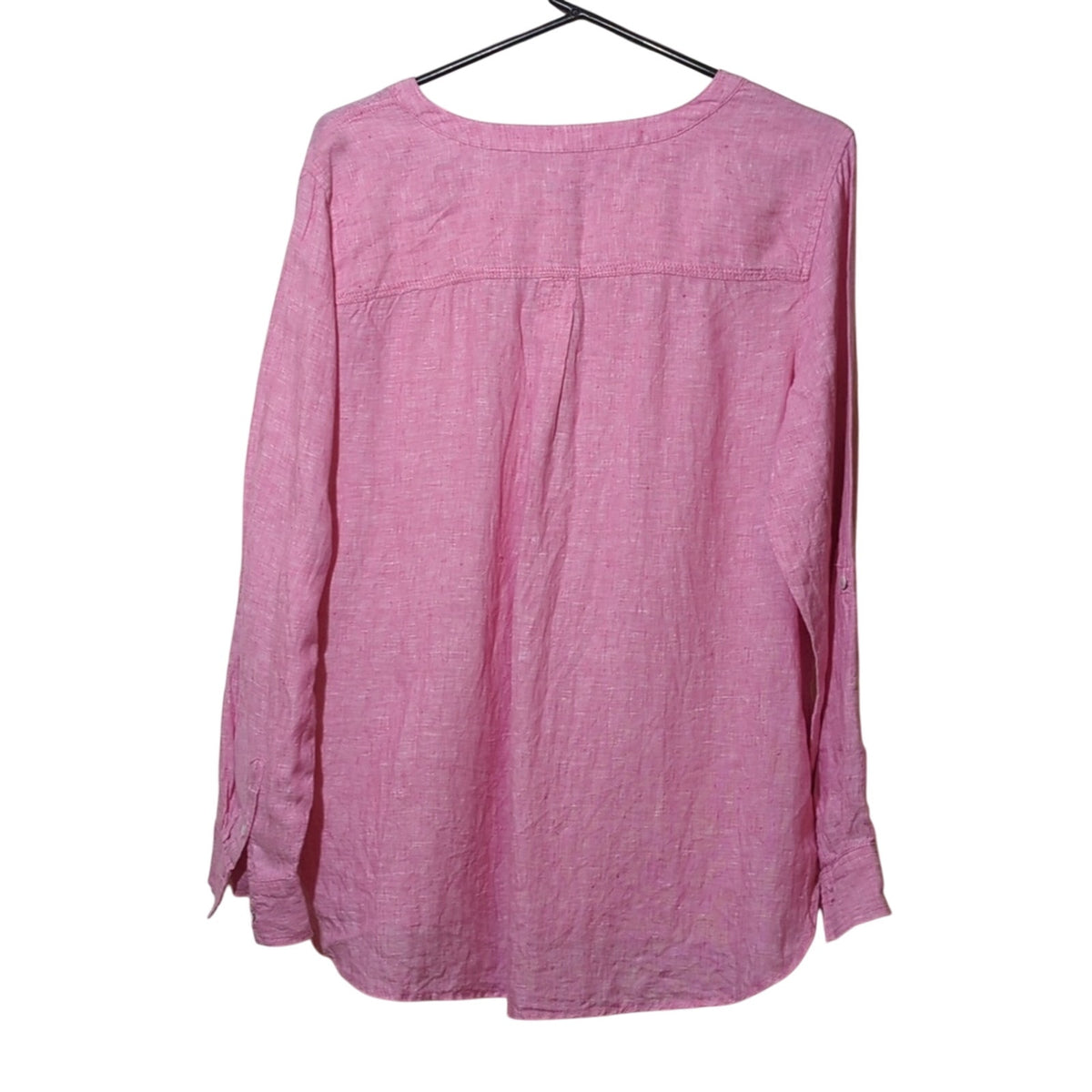 Talbot's Pink Linen V-Neck Roll Tab Sleeve Two Front Button Pocket Shirt Size L