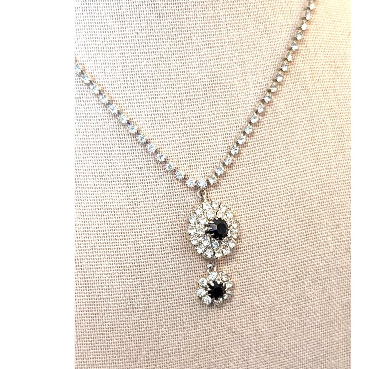 Vintage Black & White Double Drop Pendant Rhinestone Necklace W/ Foldover Clasp