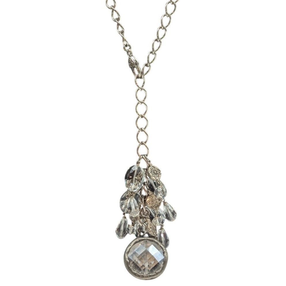 Chunky Silver Tone Faceted Crystal and Glass Cluster Tassel 27" Chain Necklace