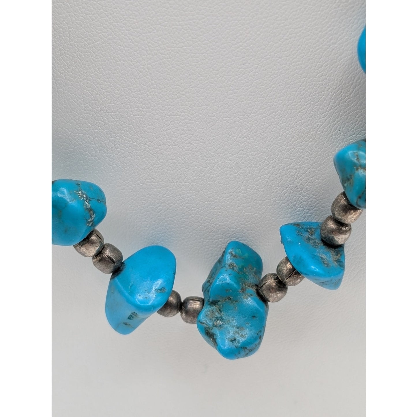 Vintage 1960s Turquoise Nugget Silver Beaded Hook Clasp 28" Necklace