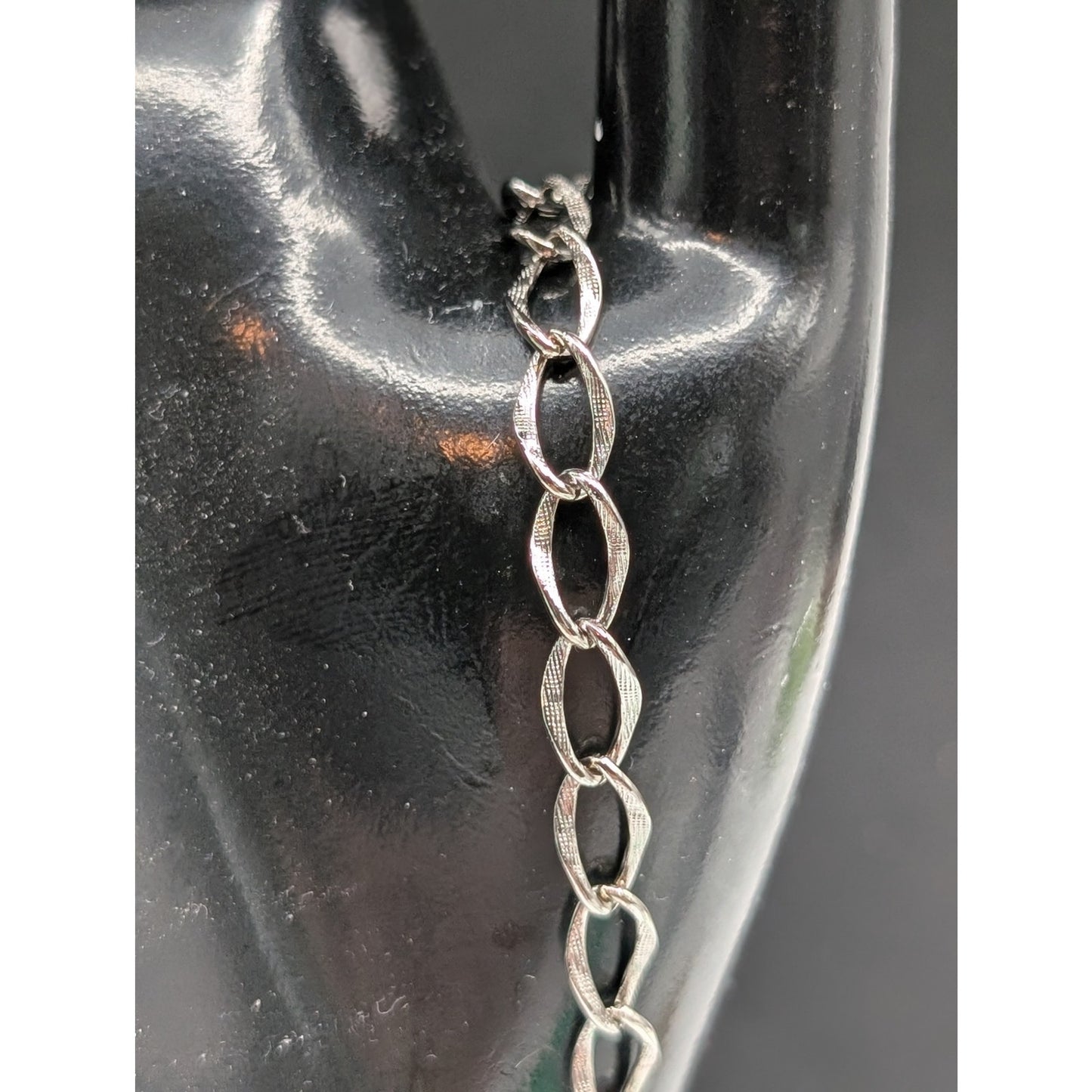 Vintage Sterling Silver Oval Etched Link Charm Bracelet Spring Ring Clasp