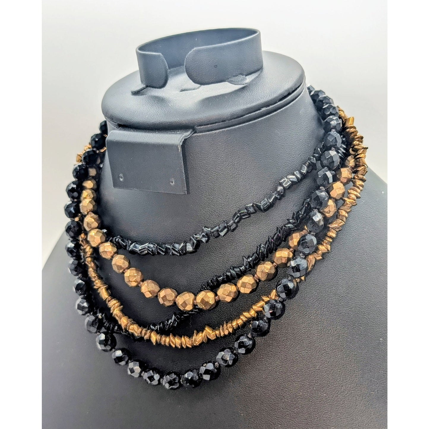 Vintage Vogue Five Strand Bronze Metallic Black Glass Multi-Bead 15.5" Necklace