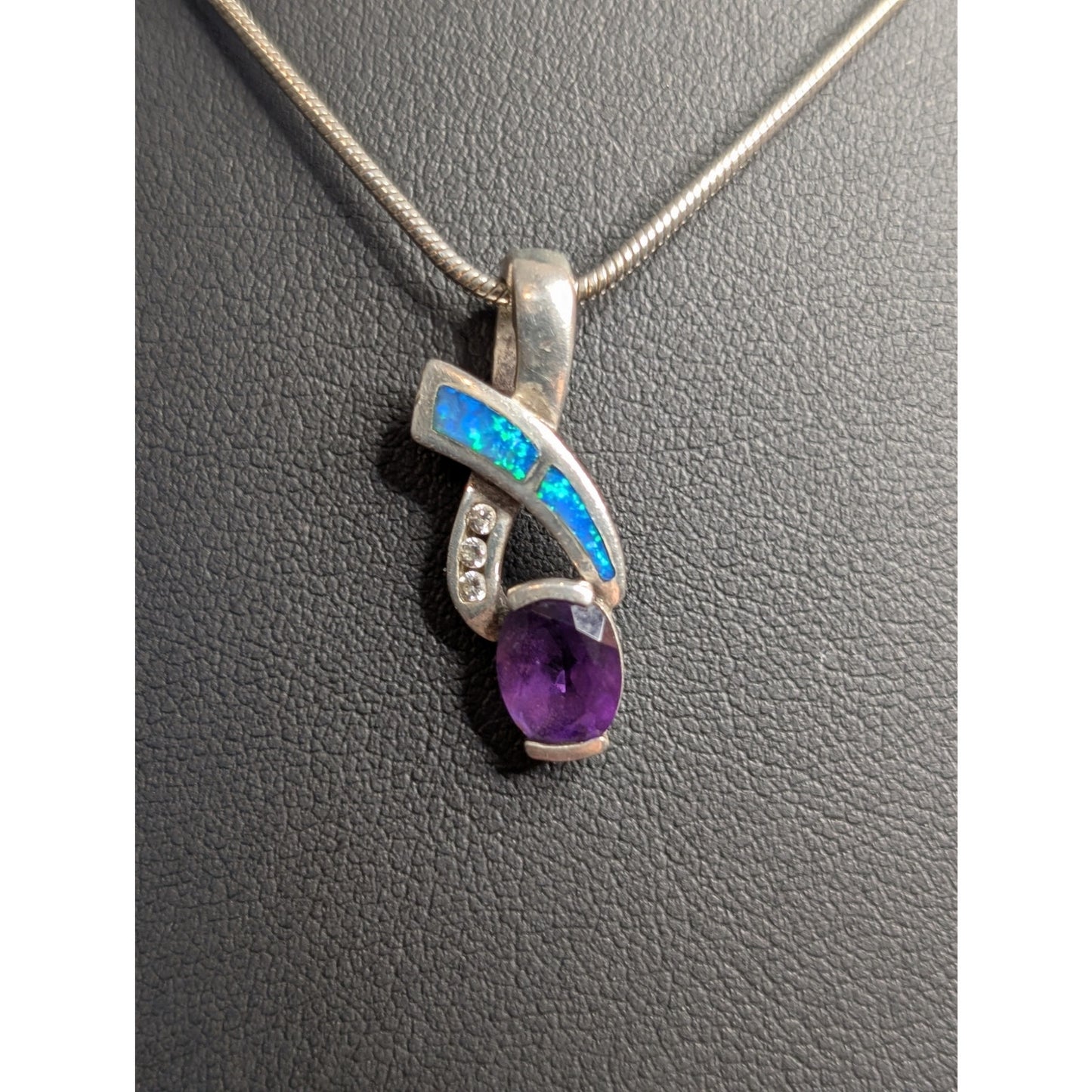 AK Atasay Kuyumculuk Sterling Opal Inlay Amethyst Clear Stone Pendant Necklace