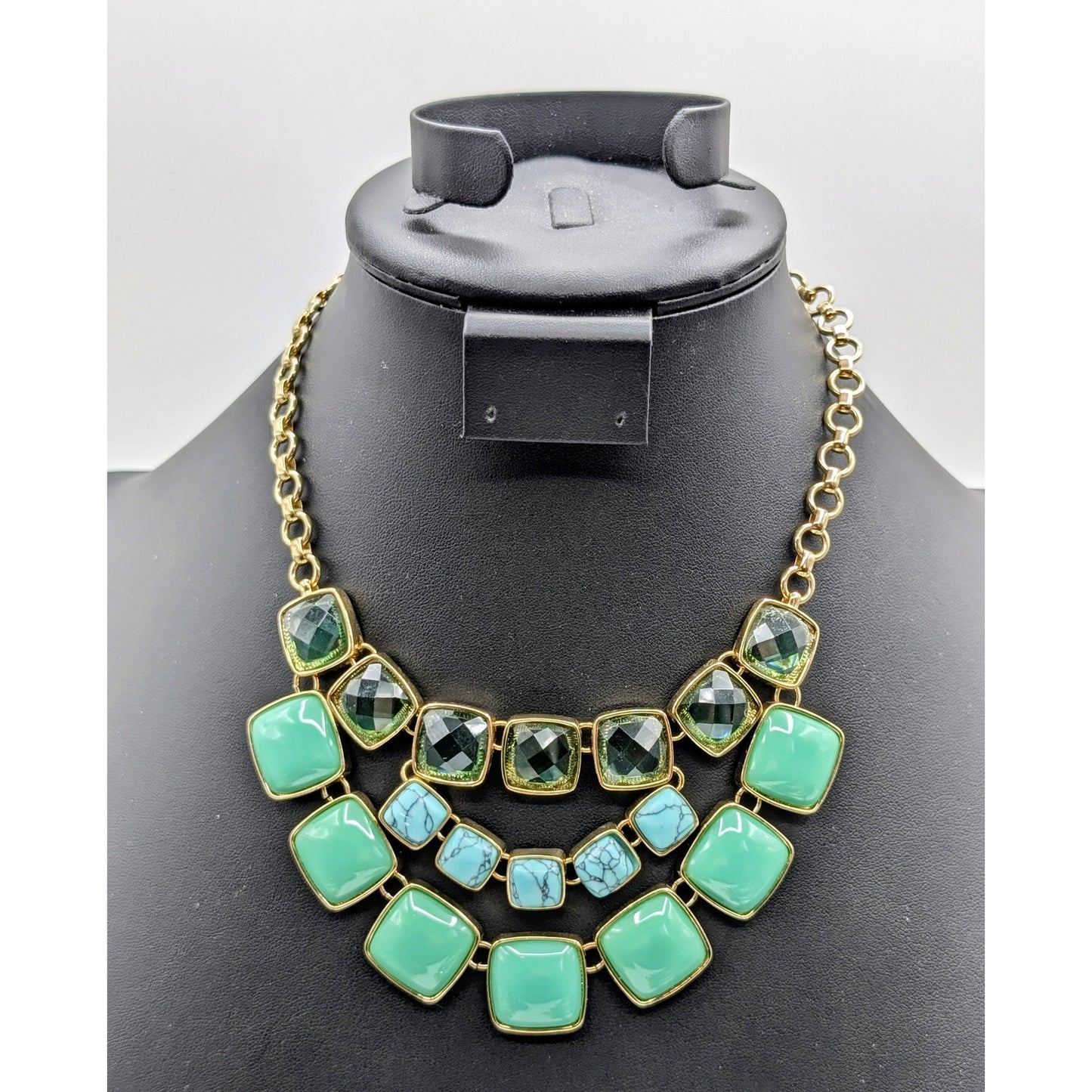 Anne Klein Triple Tier Blue Green Bead Gold Tone Toggle Clasp 17"-18" Necklace