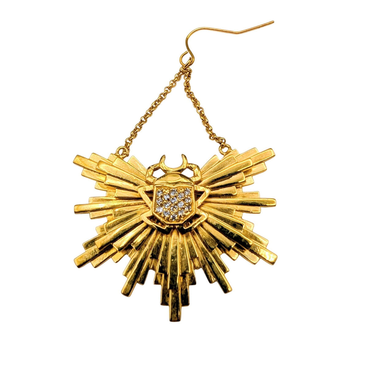Large SINGLE Gold Tone CZ Scarab Sunburst Dangle Earring
