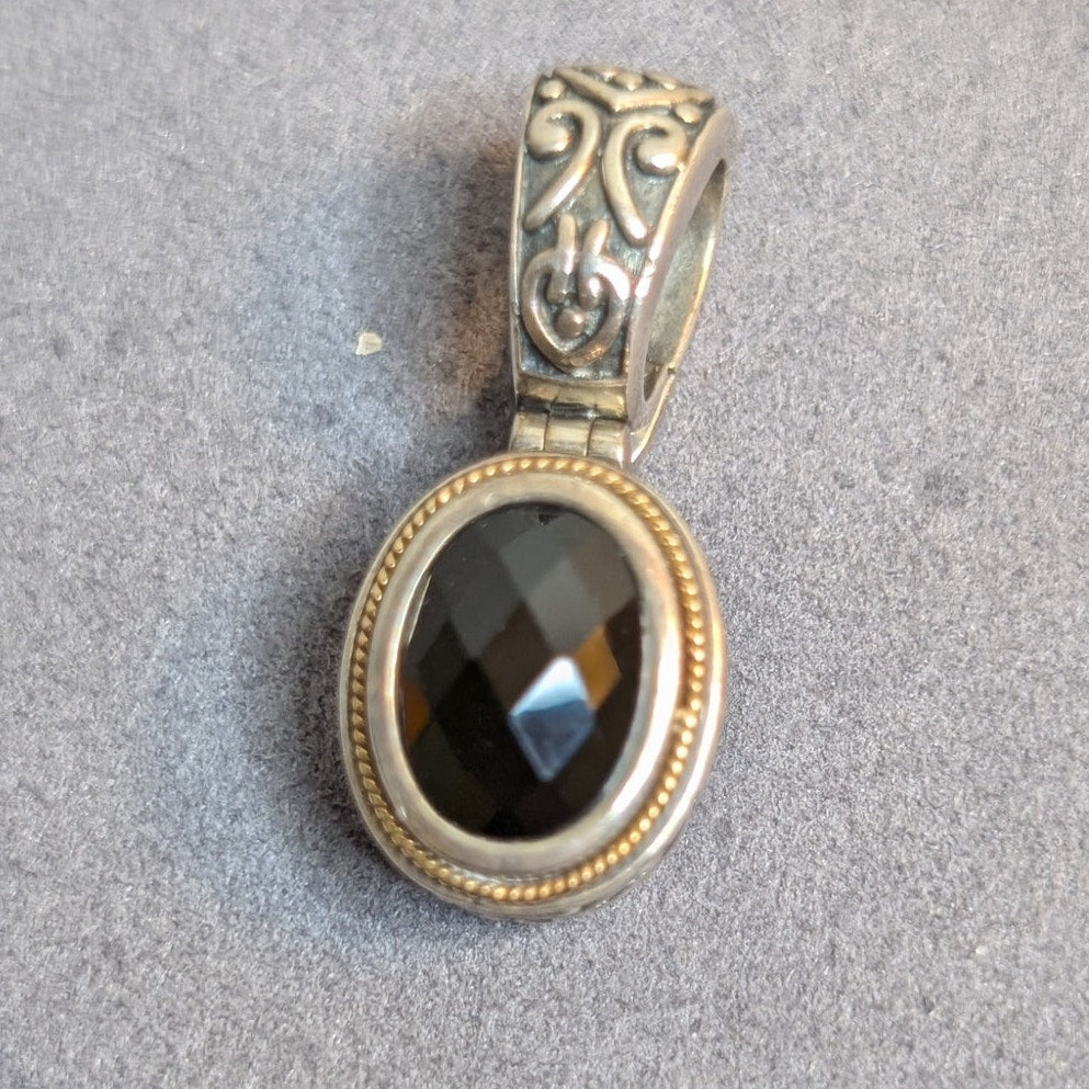Vintage Faceted Black Onyx Sterling Silver 18K Gold Enhancer Pendant by Eleganza