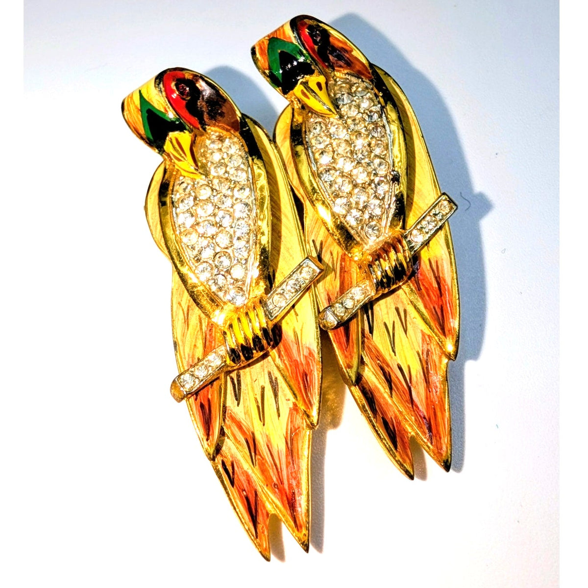 Corocraft Vtg Sterling Gold Pave Enamel Love Birds on Branch Duet Pins/Fur Clip