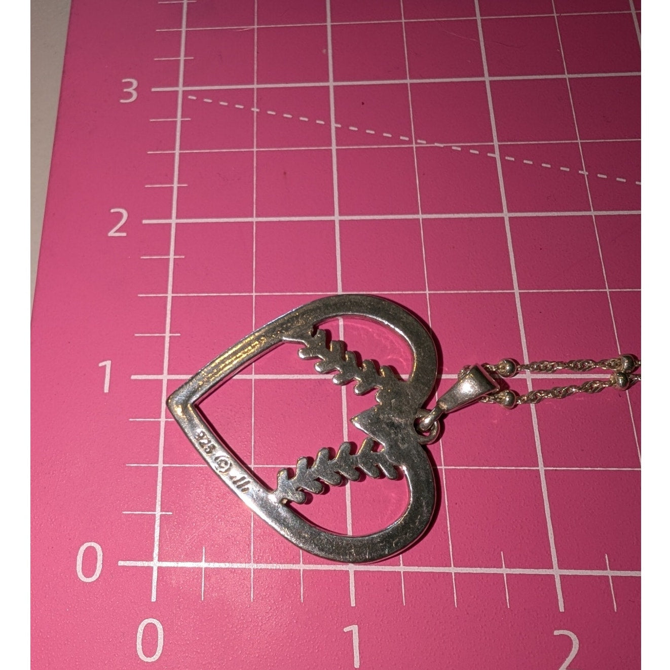 Large 925 Sterling Silver Red Enamel 'Baseball Heart' Pendant Chain Necklace