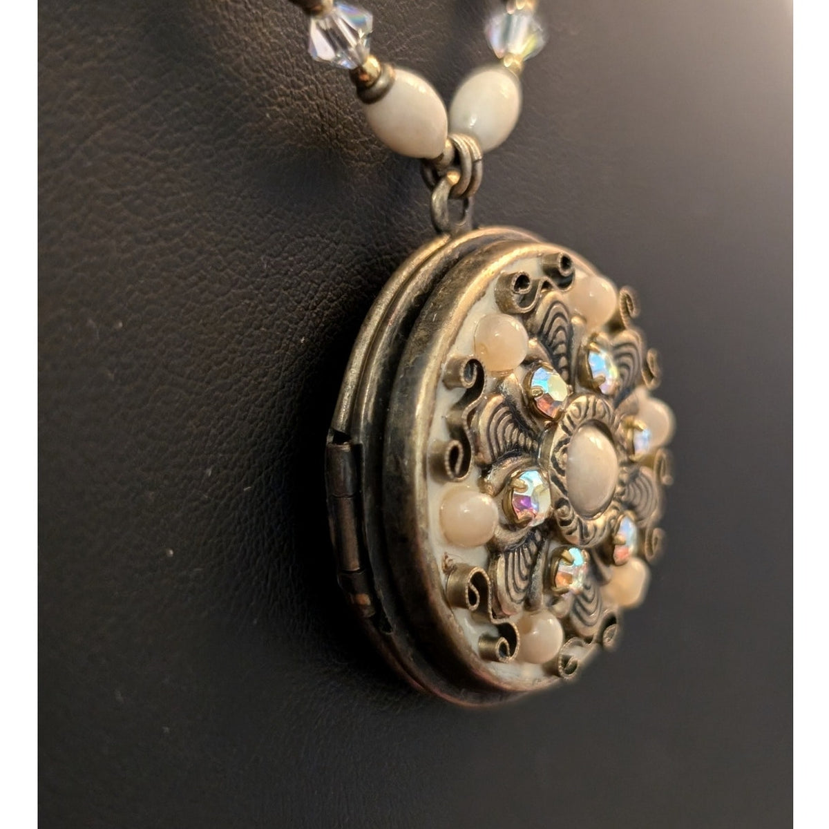 Signed Michal Golan Pearl Crystal Victorian Locket 18"-21.5" Necklace